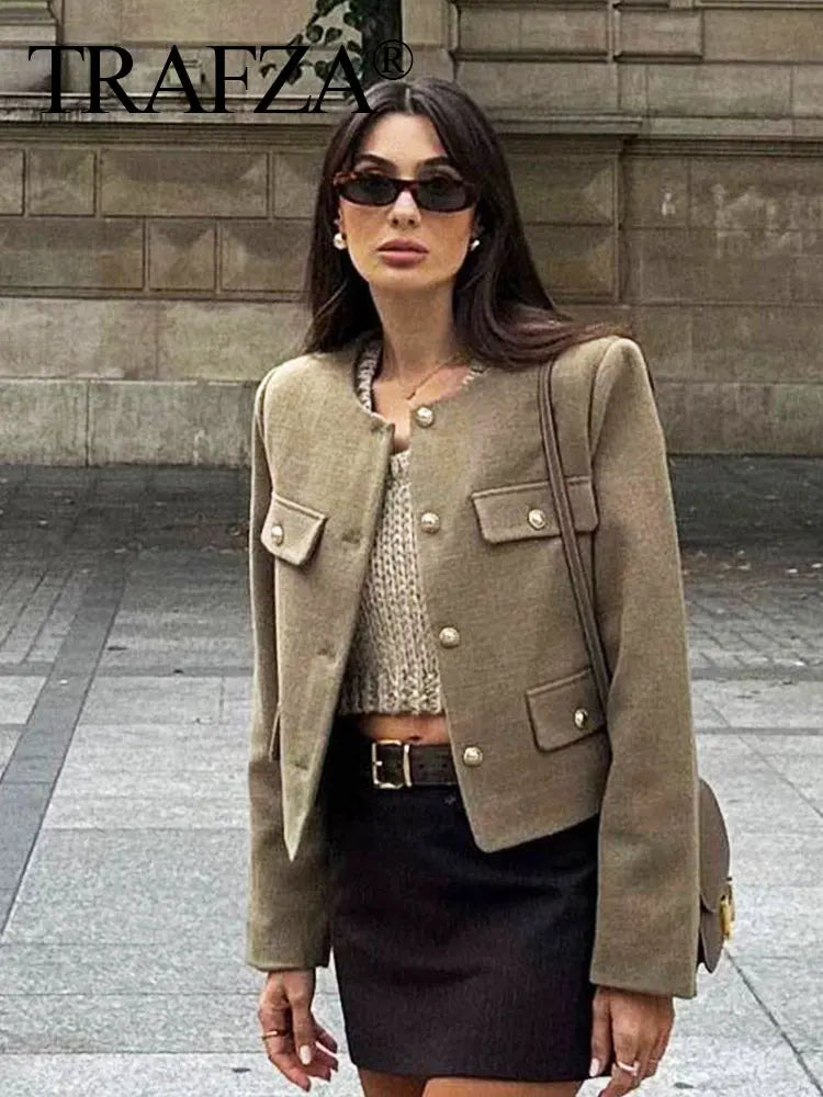 HH Damen Vintage Uni-Mantel Knopf Langarm Rundhals Jacke mit Tasche 2024 Frühling Eleganter Weiblicher Freizeit-Mantel Jacke