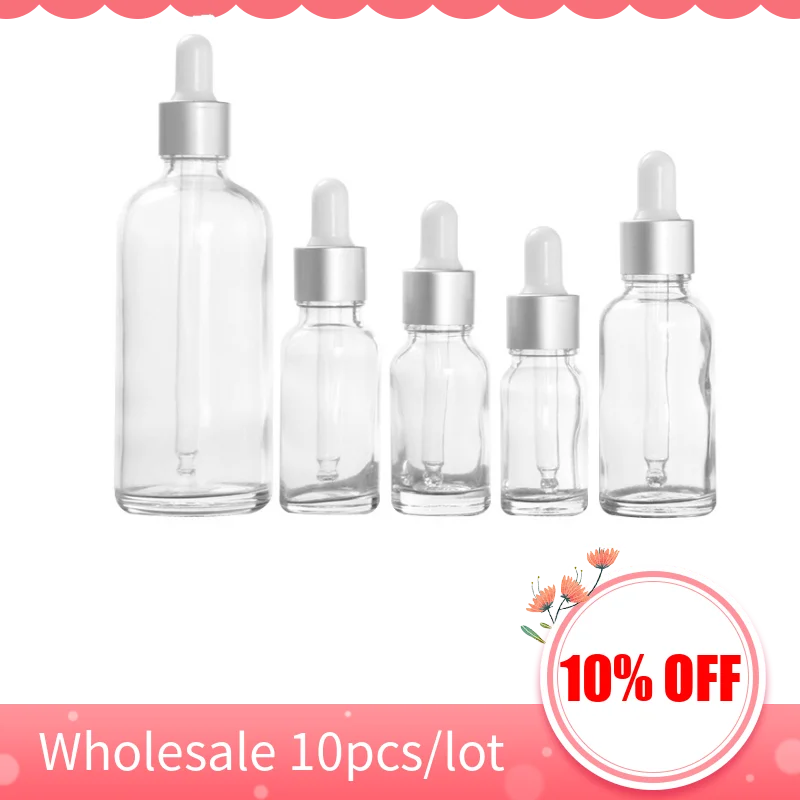 Nachfüllbare Tropfflasche/Pipette aus klarem Glas mit silberner Kappe zum Nachfüllen von Massageölen, Aromatherapie-Flüssigkeit, Essenz/Serum, Hautpflege