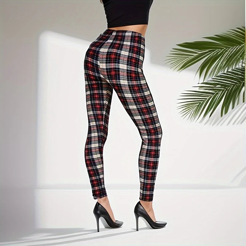 Khakifarbene karierte Sport- und Fitness-Leggings für Damen