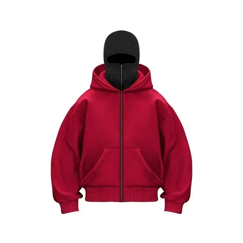 Balaclava Herren Zip Hoodie Winter Warm Lässig Sweatshirt Y2K mit Kapuzen-Gesichtsmaske Reißverschluss Design Sportjacke Outdoor-Aktivitäten