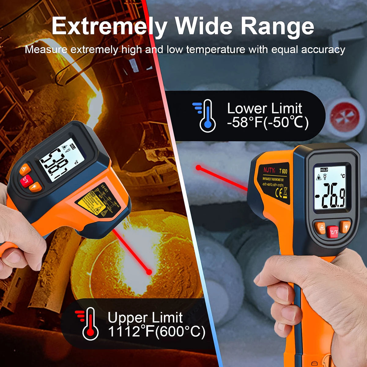 NJTY T600 T600A Digitales Infrarot-Thermometer Pistole -58°F bis 1112°F (-50℃ bis 600℃) Professionelle industrielle Laser-Temperaturpistole