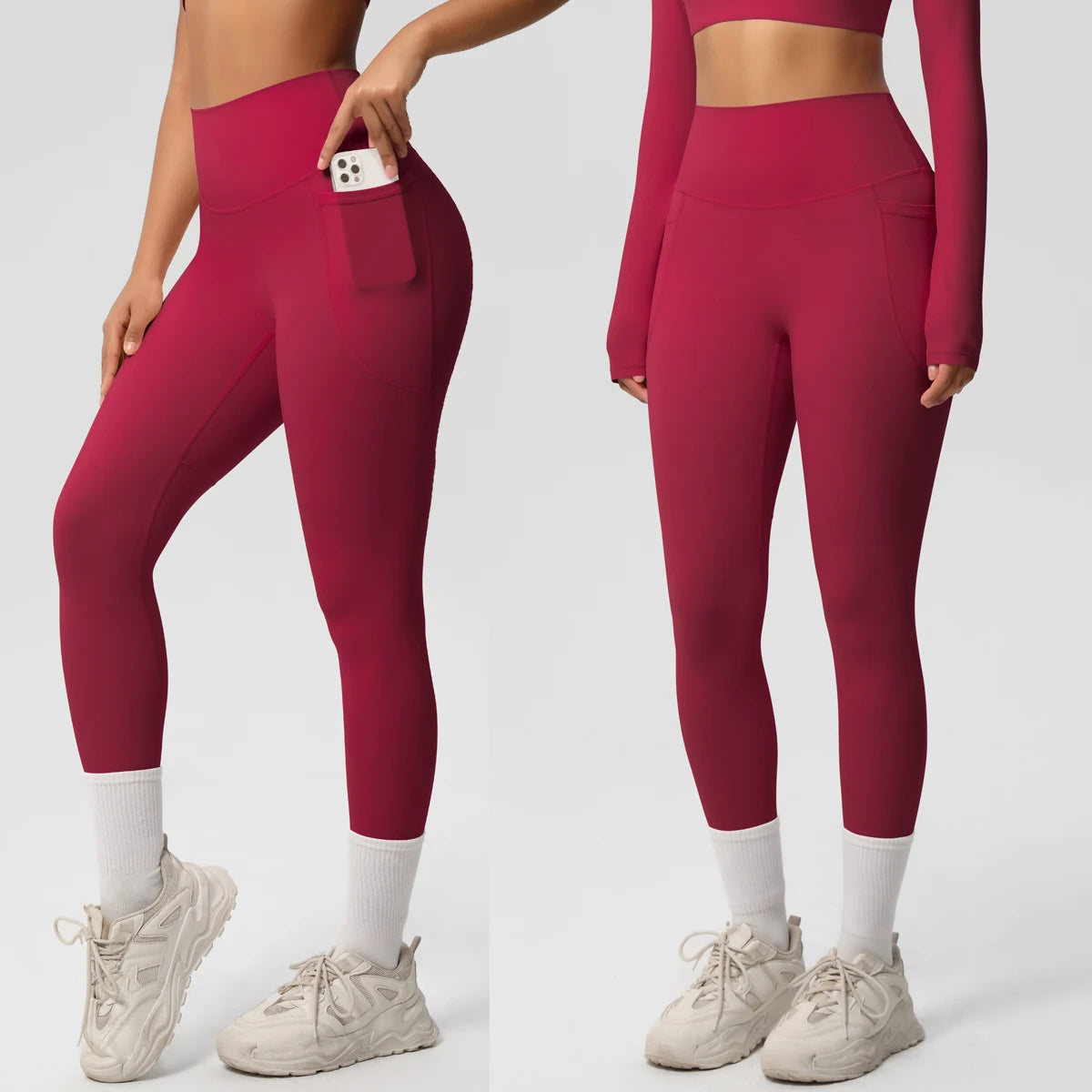 Damen High Waist Leggings Stretch Yogahose Strumpfhose mit Taschen Push Up Fitness Laufbekleidung Unifarbene Hose