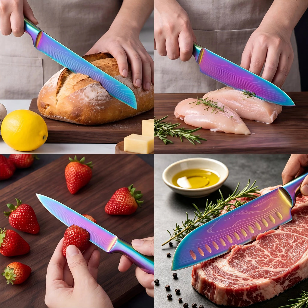 BAFENGS Rainbow Knife Set, Laser Printed Damascus Pattern, Stainless Knives, Chef Bread Santoku Utility Knife, Kitchen Scissors