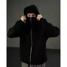 Balaclava Herren Zip Hoodie Winter Warm Lässig Sweatshirt Y2K mit Kapuzen-Gesichtsmaske Reißverschluss Design Sportjacke Outdoor-Aktivitäten