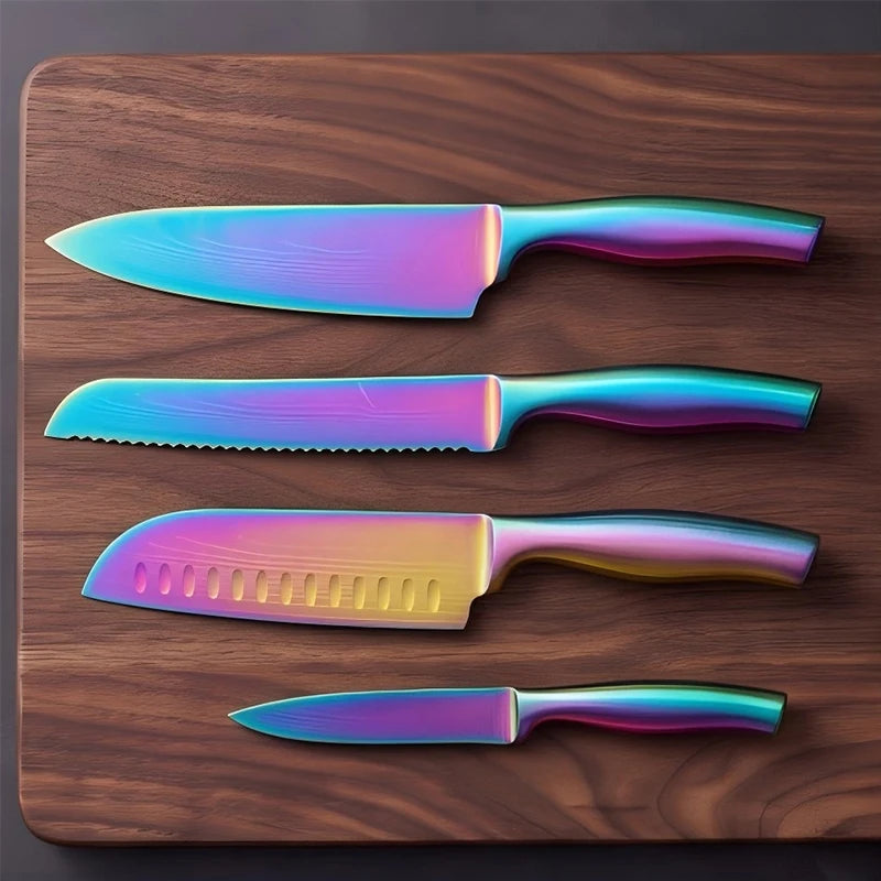 BAFENGS Rainbow Knife Set, Laser Printed Damascus Pattern, Stainless Knives, Chef Bread Santoku Utility Knife, Kitchen Scissors