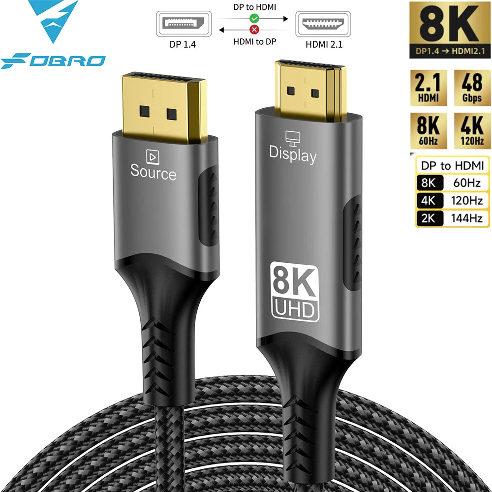 8K DisplayPort zu HDMI Kabel 8K@60Hz 4K@120Hz Uni-Direktionales DisplayPort auf HDMI Kabel Vergoldetes Kabel für HDTV Macbook Xbox