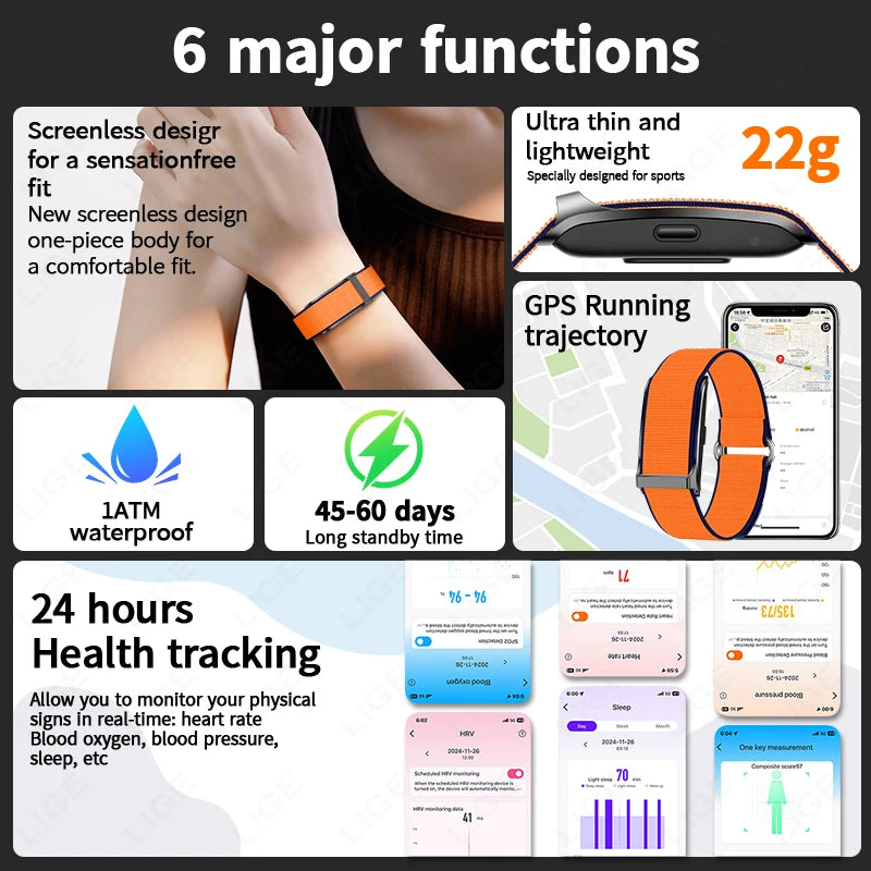 LIGE No Screen Smart Watch Men Heart Rate Blood Pressure Health Monitor Bracelet Smart Wristband Sports Fitness Women Smartwatch