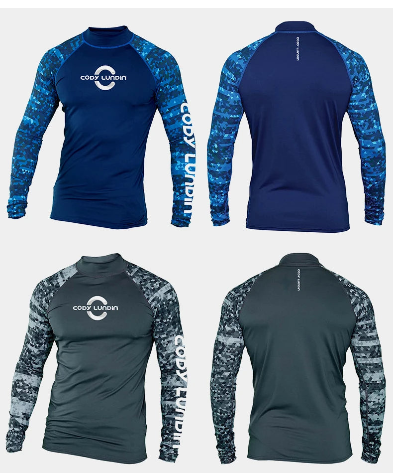 Herren UPF 50+ Kompressions-Rollkragen-Schwimm-Trainingsshirt Fitnessstudio Fitness-T-Shirt Surf-Sport-Rashguard Individuelles Logo Angel-Oberteil