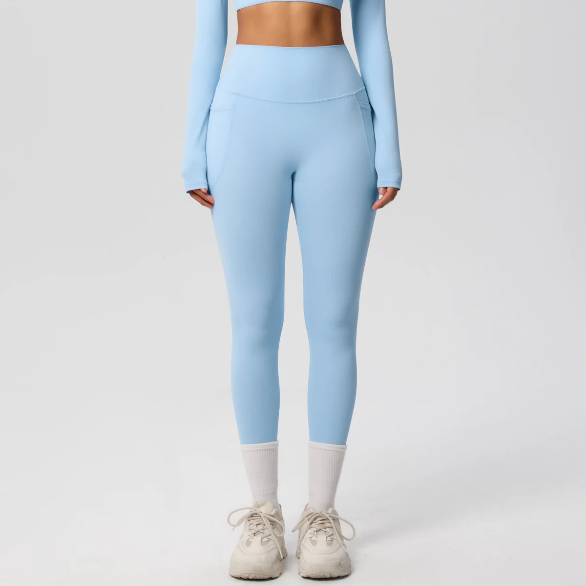 Damen High Waist Leggings Stretch Yogahose Strumpfhose mit Taschen Push Up Fitness Laufbekleidung Unifarbene Hose