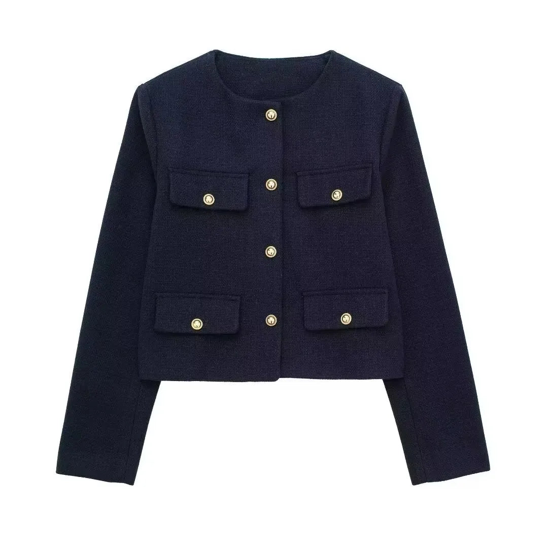 HH Damen Vintage Uni-Mantel Knopf Langarm Rundhals Jacke mit Tasche 2024 Frühling Eleganter Weiblicher Freizeit-Mantel Jacke