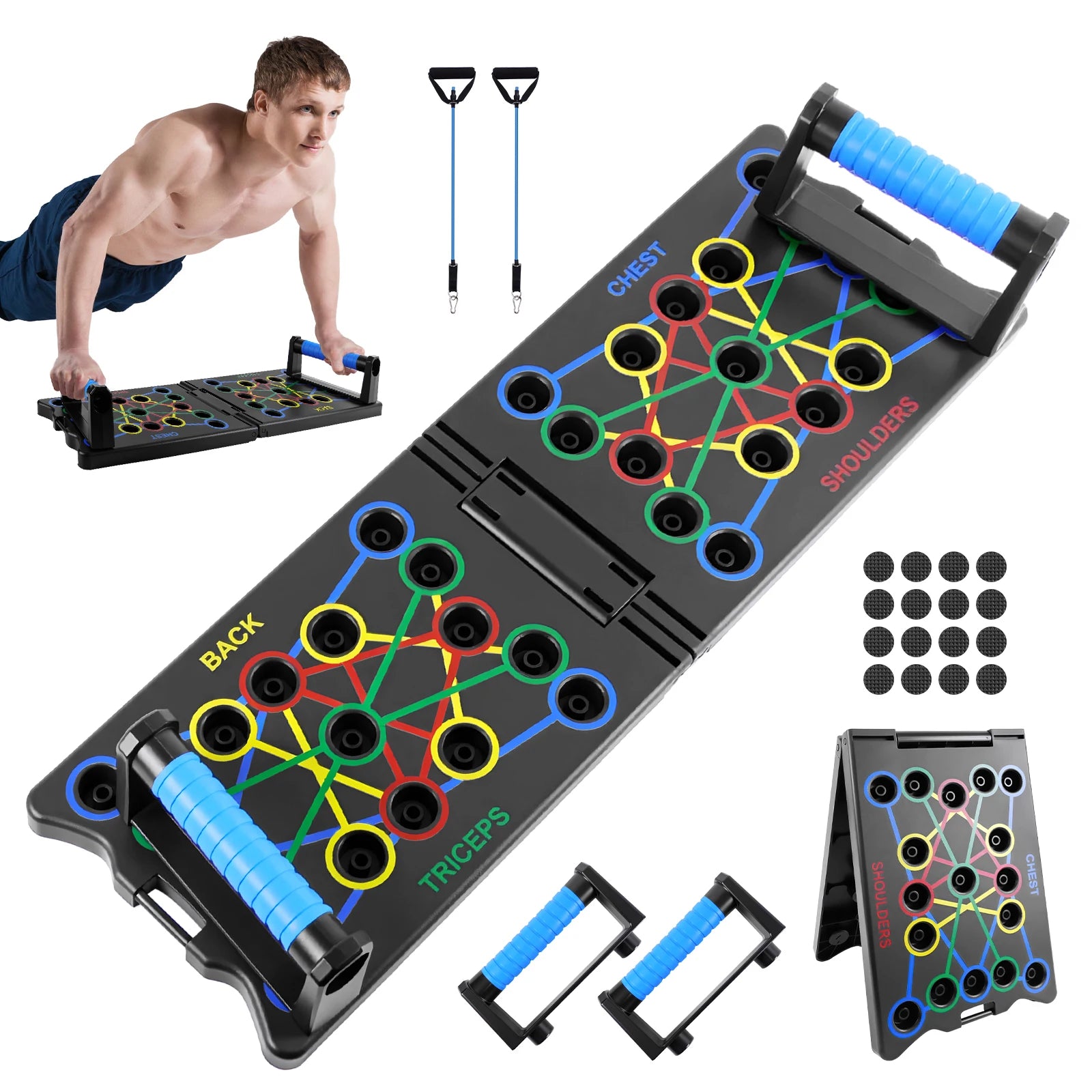 Tabla Plegable Portátil Multiusos para Flexiones con Asas y Bandas de Resistencia - Equipo de Fitness, Entrenamiento en Interiores para Gimnasio en Casa