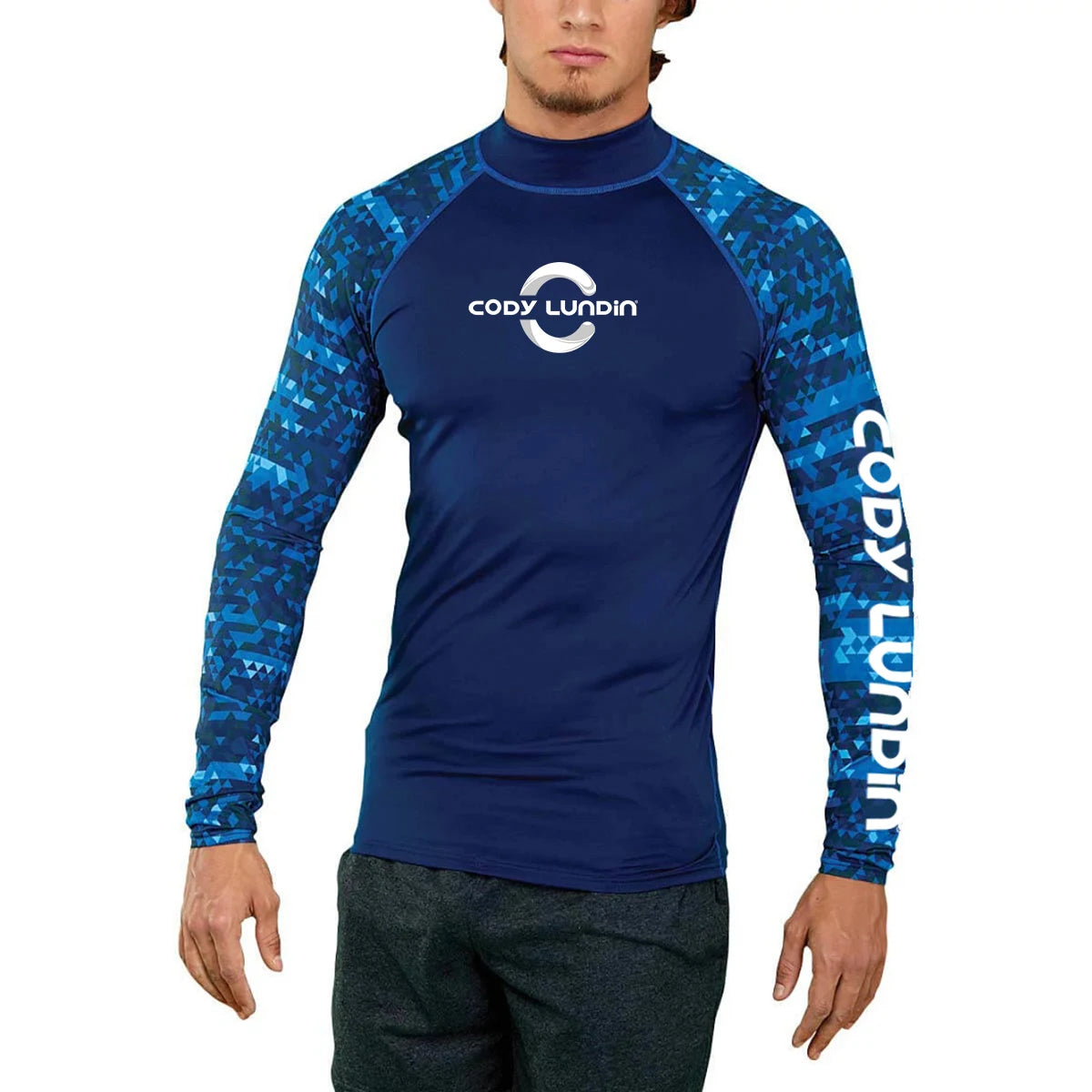 Herren UPF 50+ Kompressions-Rollkragen-Schwimm-Trainingsshirt Fitnessstudio Fitness-T-Shirt Surf-Sport-Rashguard Individuelles Logo Angel-Oberteil