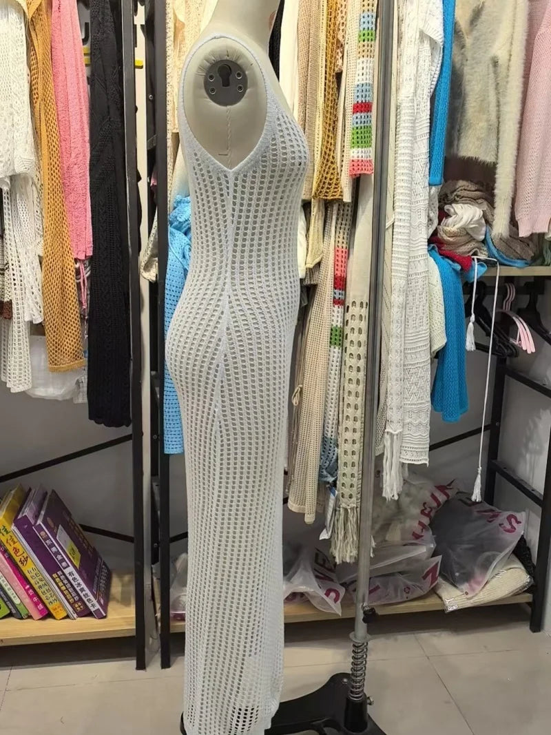 Maxikleid im sexy Stil, gestrickt, atmungsaktiv, Strandkleid, Überwurf, hohl, Taillenausschnitt, langes Kleid, Urlaub, Sonnenschutz, Camisole-Kleid