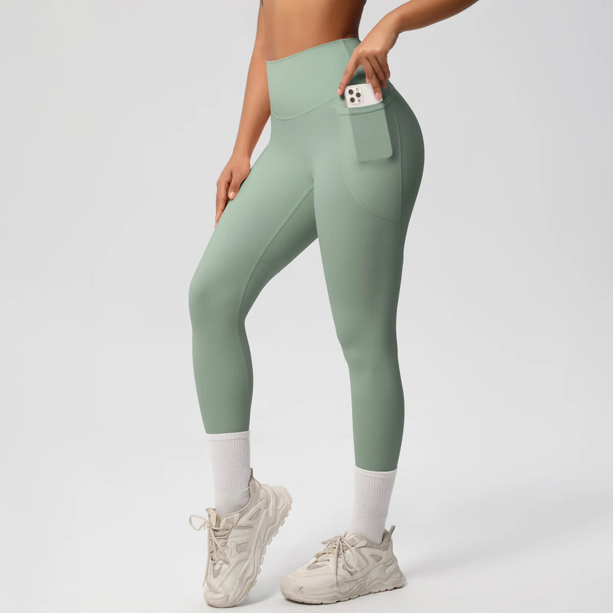 Damen High Waist Leggings Stretch Yogahose Strumpfhose mit Taschen Push Up Fitness Laufbekleidung Unifarbene Hose