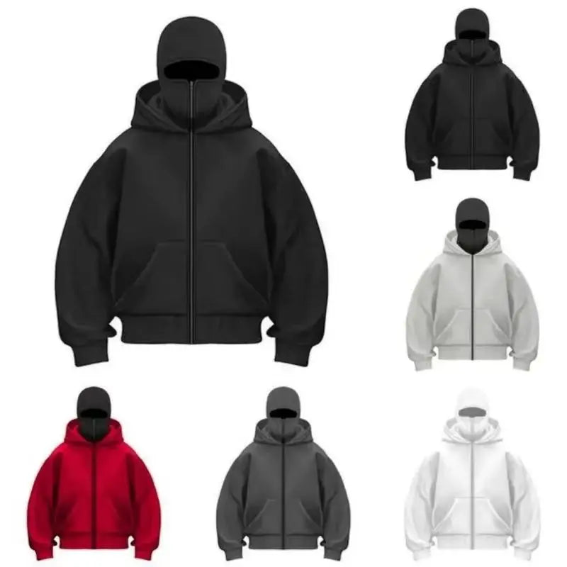 Balaclava Men Zip Hoodie Winter Warm Casual Sweatshirt Y2K with Hooded Face Mask Zipper Design Sports Jacket Outdoor Activities