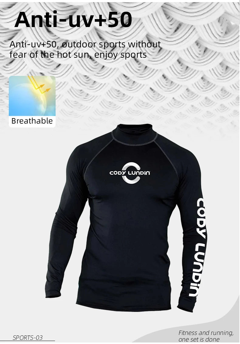 Herren UPF 50+ Kompressions-Rollkragen-Schwimm-Trainingsshirt Fitnessstudio Fitness-T-Shirt Surf-Sport-Rashguard Individuelles Logo Angel-Oberteil