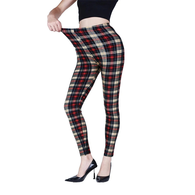 Khakifarbene karierte Sport- und Fitness-Leggings für Damen