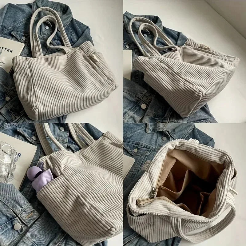 Cord Canvas Umhängetasche Lässige einfarbige Einkaufstasche mit mehreren Fächern für Damen Pendeln Einkaufen Fitness Aufbewahrung Handtasche