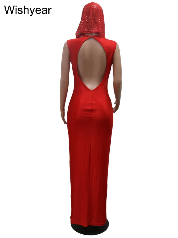 Neues Luxus-Geburtstags-Rot-Kapuzenkleid für Damen, sexy tiefer V-Ausschnitt, Pailletten, Glitzer, Mesh, durchsichtig, offener Rücken, glitzerndes Abendkleid