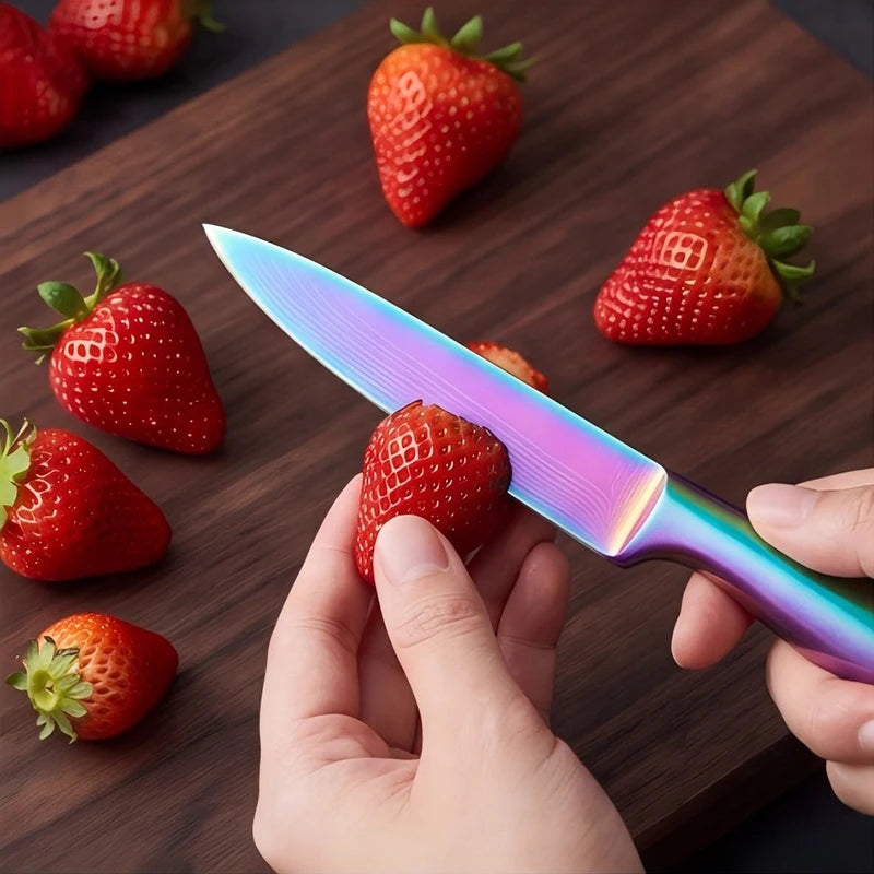 BAFENGS Rainbow Knife Set, Laser Printed Damascus Pattern, Stainless Knives, Chef Bread Santoku Utility Knife, Kitchen Scissors