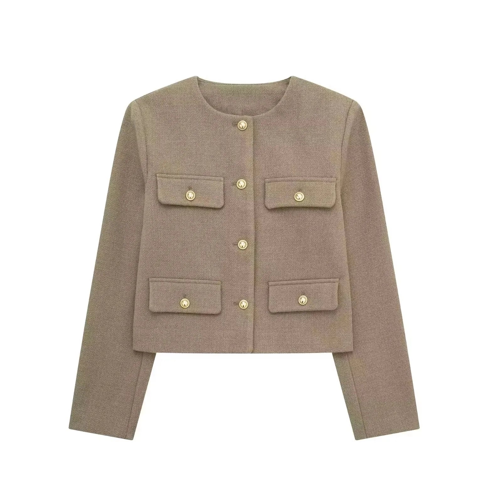 HH Damen Vintage Uni-Mantel Knopf Langarm Rundhals Jacke mit Tasche 2024 Frühling Eleganter Weiblicher Freizeit-Mantel Jacke