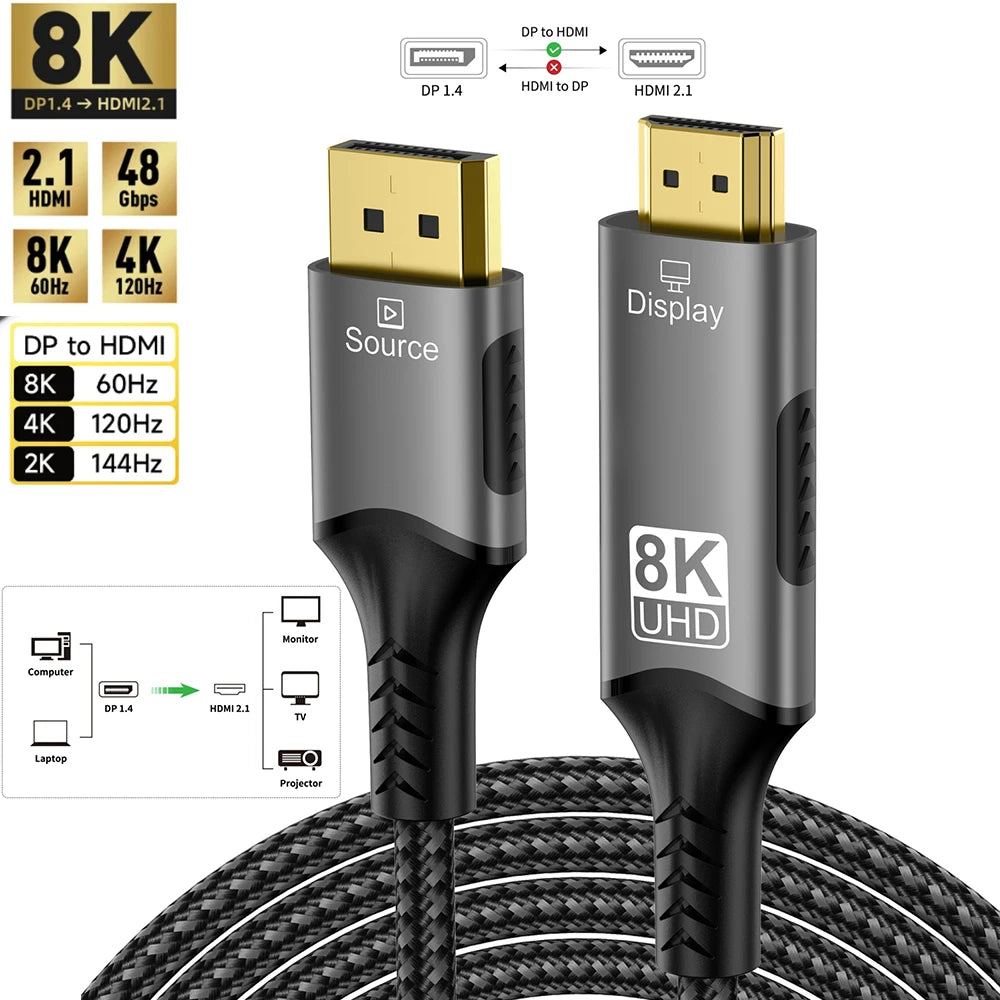 8K DisplayPort zu HDMI Kabel 8K@60Hz 4K@120Hz Uni-Direktionales DisplayPort auf HDMI Kabel Vergoldetes Kabel für HDTV Macbook Xbox