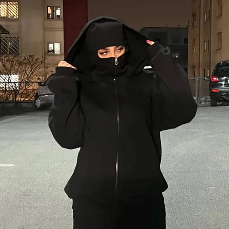 Balaclava Herren Zip Hoodie Winter Warm Lässig Sweatshirt Y2K mit Kapuzen-Gesichtsmaske Reißverschluss Design Sportjacke Outdoor-Aktivitäten