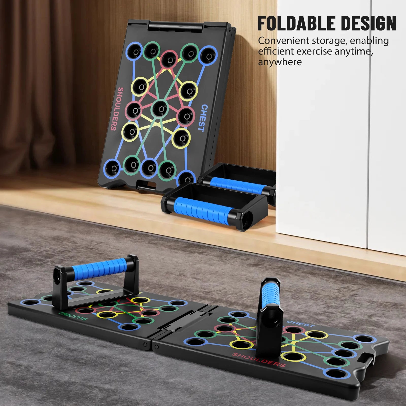 Tabla Plegable Portátil Multiusos para Flexiones con Asas y Bandas de Resistencia - Equipo de Fitness, Entrenamiento en Interiores para Gimnasio en Casa