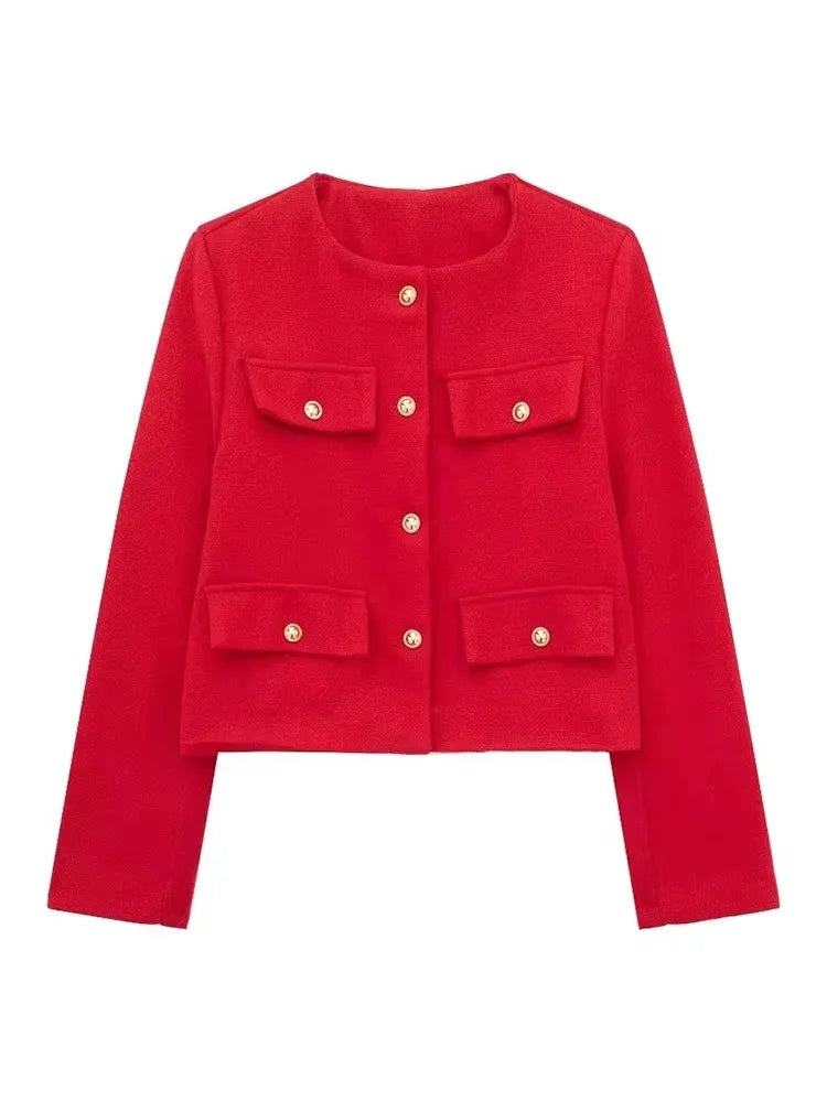 HH Damen Vintage Uni-Mantel Knopf Langarm Rundhals Jacke mit Tasche 2024 Frühling Eleganter Weiblicher Freizeit-Mantel Jacke
