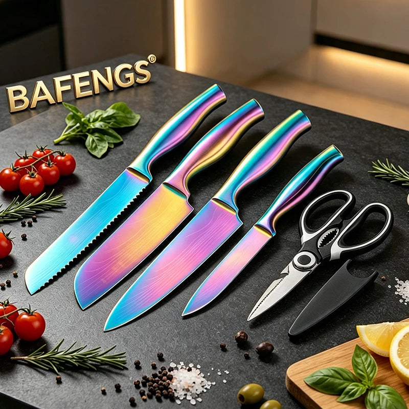 BAFENGS Rainbow Knife Set, Laser Printed Damascus Pattern, Stainless Knives, Chef Bread Santoku Utility Knife, Kitchen Scissors
