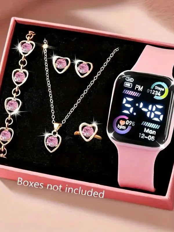 6-Piece Set of Fashion Electronic Watch Necklace Earrings Ring Set for Teenagers Boys and Girls, the Best Choice for Friend