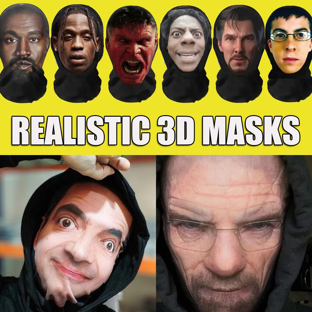Máscara divertida con patrón 3D realista, malla elástica, máscara facial completa para hombres y mujeres, tocado de cosplay de Halloween, capucha traviesa, accesorio de cosplay para fiestas