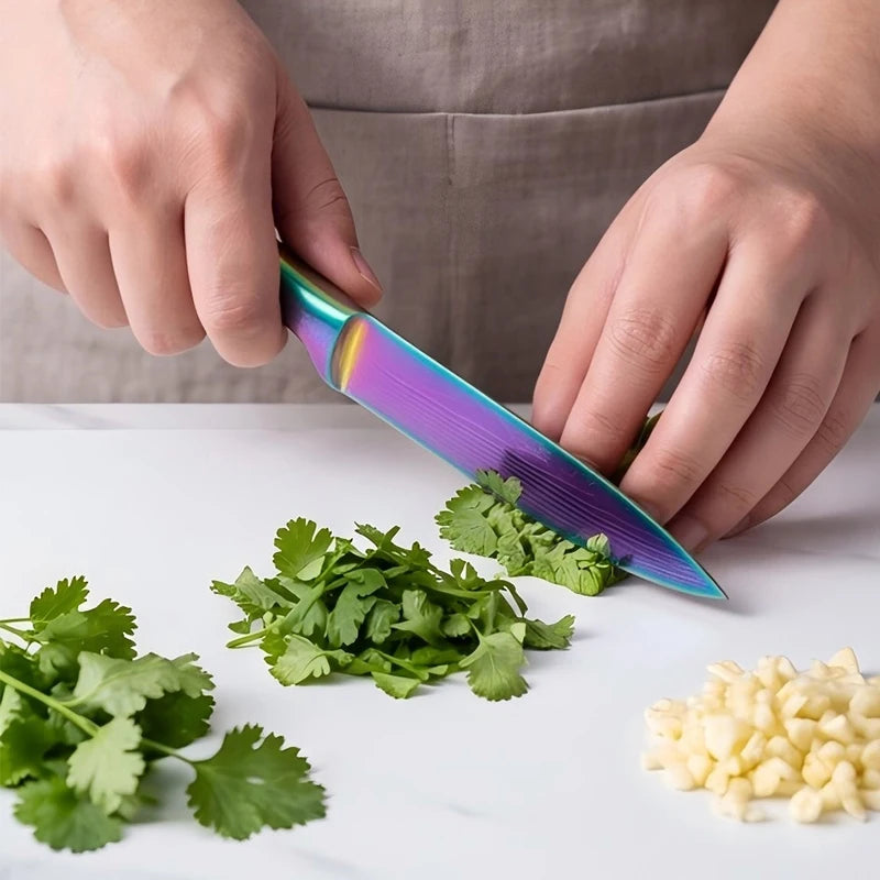 BAFENGS Rainbow Knife Set, Laser Printed Damascus Pattern, Stainless Knives, Chef Bread Santoku Utility Knife, Kitchen Scissors