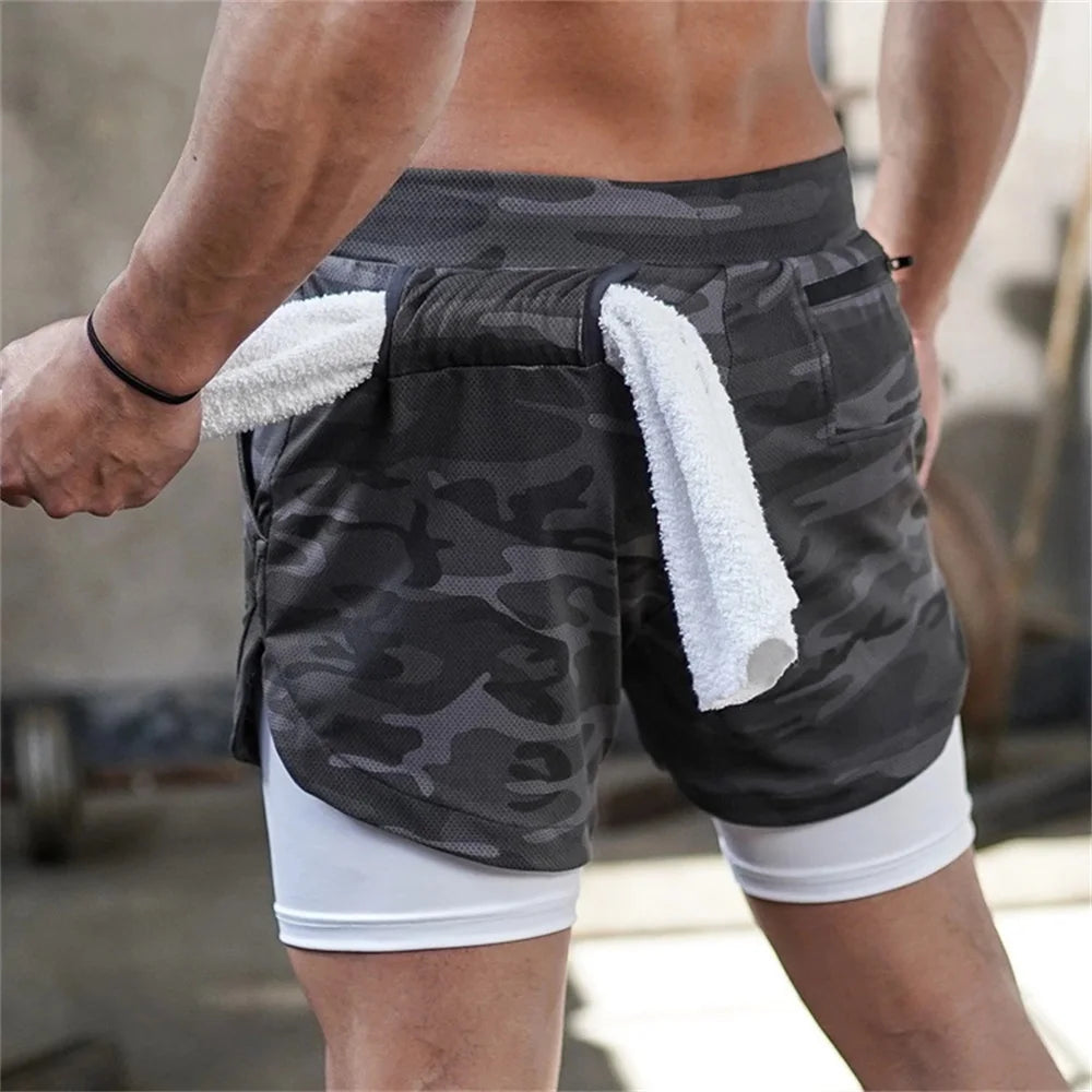 Herren Gym Sports Shorts Jogging Laufen Atmungsaktive Fitness Training Doppellagiges Shirt Versteckte Tasche Lässige Tarnshorts