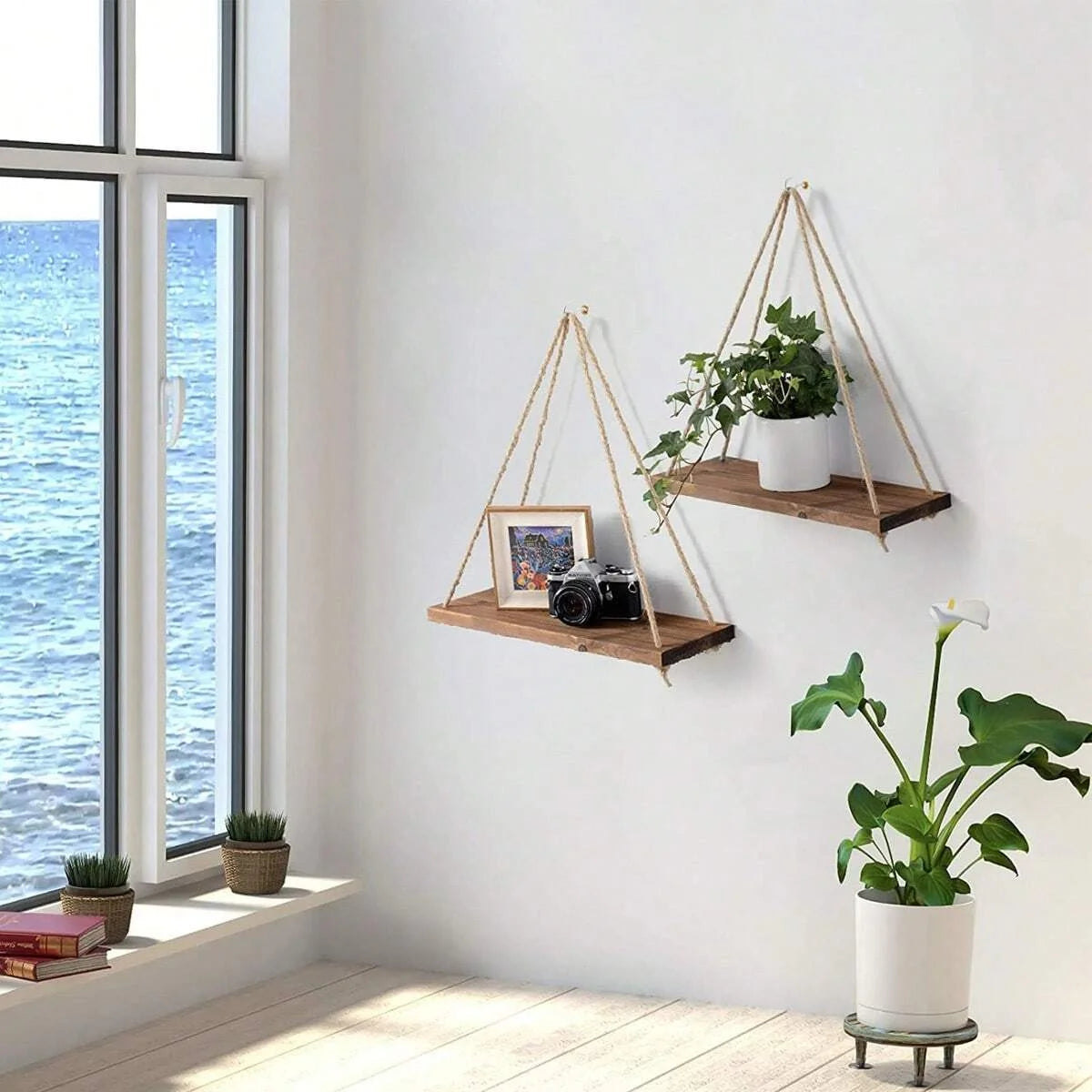 1PCS decoración de pared, cuerda colgante, maceta, estante de almacenamiento, estante de madera para colgar en la pared, decoración colgante, decoración del hogar
