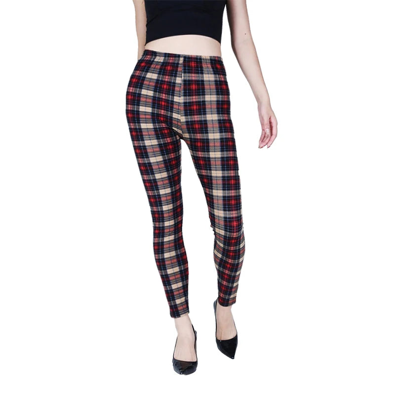 Khakifarbene karierte Sport- und Fitness-Leggings für Damen