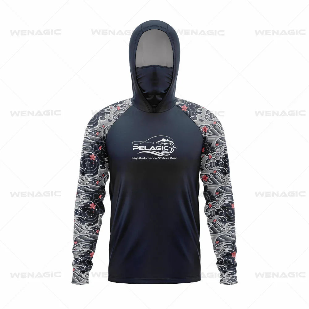 Pelagic Gear Neue Angelbekleidung Sommer Herren Langarm T-Shirt Fisch Sonnenschutz Atmungsaktive Kapuzen Gesichtsmaske Angelbekleidung
