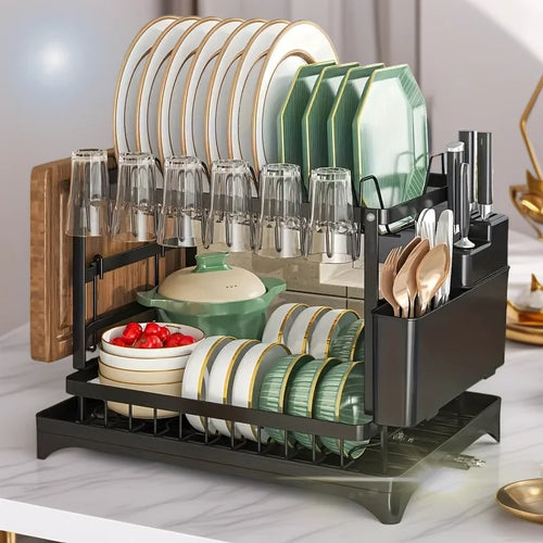 2-Tier Stainless Steel Dish Drying Rack with Cutting Board & Utensil Holder