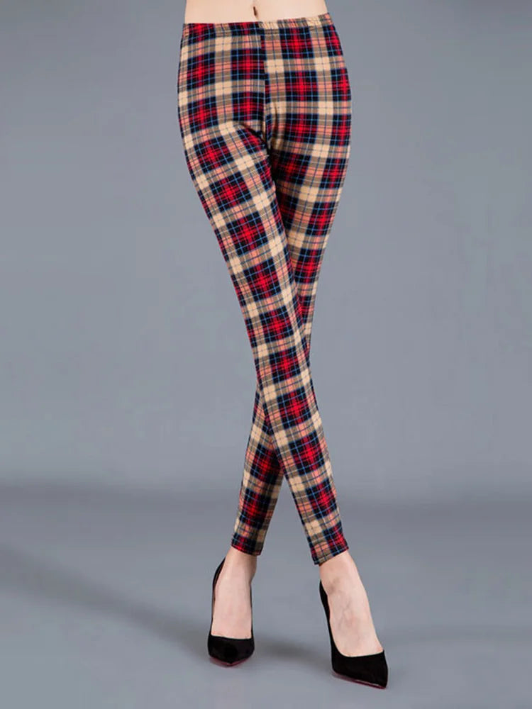 Khakifarbene karierte Sport- und Fitness-Leggings für Damen