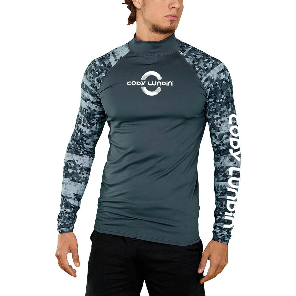 Herren UPF 50+ Kompressions-Rollkragen-Schwimm-Trainingsshirt Fitnessstudio Fitness-T-Shirt Surf-Sport-Rashguard Individuelles Logo Angel-Oberteil
