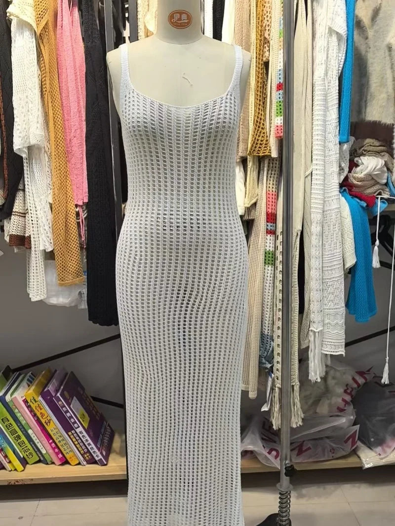 Maxikleid im sexy Stil, gestrickt, atmungsaktiv, Strandkleid, Überwurf, hohl, Taillenausschnitt, langes Kleid, Urlaub, Sonnenschutz, Camisole-Kleid