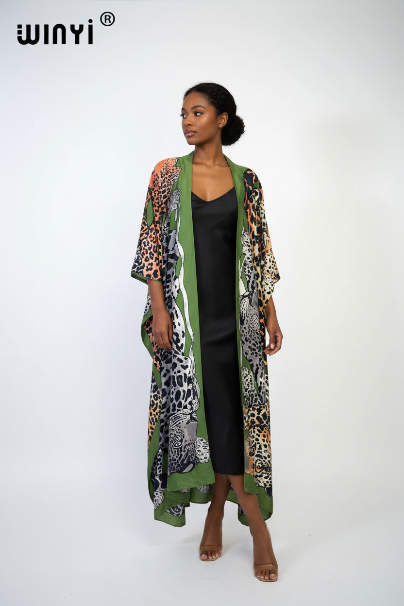 WINYI 2022 Afrika Leopardenmuster Strandmode Badeanzug Elegant Afrika Damen Boho Cardigan Sexy Urlaub Langarm Kimono Kleid
