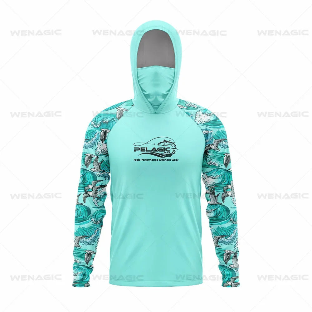 Pelagic Gear Neue Angelbekleidung Sommer Herren Langarm T-Shirt Fisch Sonnenschutz Atmungsaktive Kapuzen Gesichtsmaske Angelbekleidung