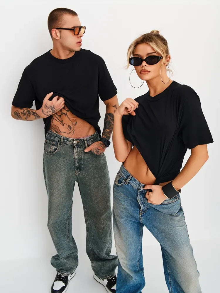 Einfarbige Partner-T-Shirts für vier Jahreszeiten, Basic Herren- und Damen-Kurzarm-T-Shirts, lässige, atmungsaktive Oversized-Sport-T-Shirts