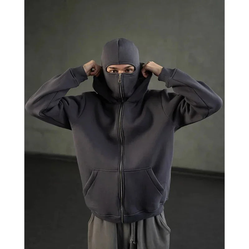 Balaclava Herren Zip Hoodie Winter Warm Lässig Sweatshirt Y2K mit Kapuzen-Gesichtsmaske Reißverschluss Design Sportjacke Outdoor-Aktivitäten