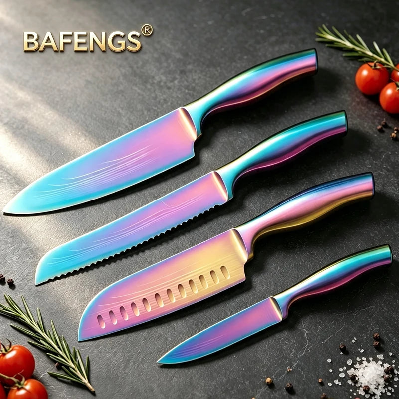 BAFENGS Rainbow Knife Set, Laser Printed Damascus Pattern, Stainless Knives, Chef Bread Santoku Utility Knife, Kitchen Scissors
