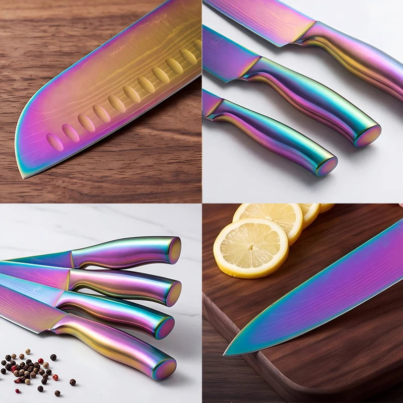BAFENGS Rainbow Knife Set, Laser Printed Damascus Pattern, Stainless Knives, Chef Bread Santoku Utility Knife, Kitchen Scissors