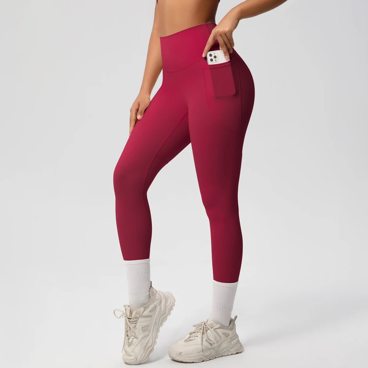 Damen High Waist Leggings Stretch Yogahose Strumpfhose mit Taschen Push Up Fitness Laufbekleidung Unifarbene Hose