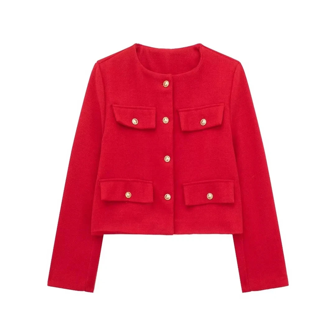 HH Damen Vintage Uni-Mantel Knopf Langarm Rundhals Jacke mit Tasche 2024 Frühling Eleganter Weiblicher Freizeit-Mantel Jacke