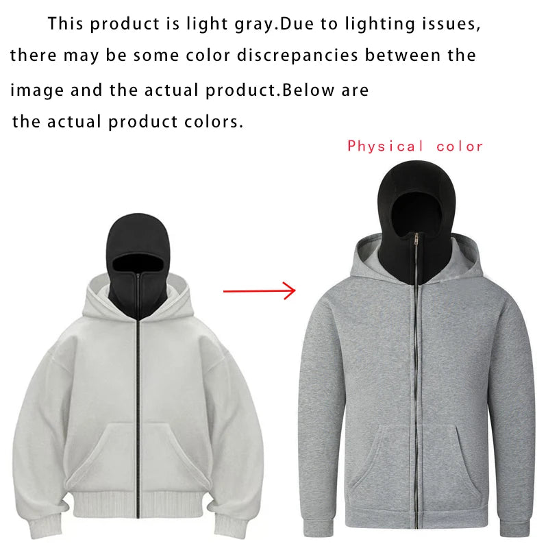 Balaclava Herren Zip Hoodie Winter Warm Lässig Sweatshirt Y2K mit Kapuzen-Gesichtsmaske Reißverschluss Design Sportjacke Outdoor-Aktivitäten